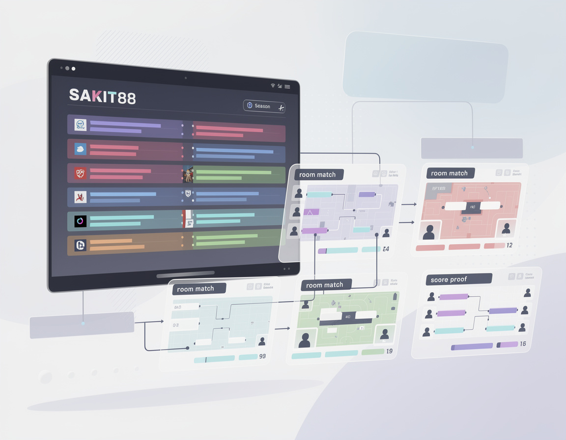 Ilustrasi leaderboard season komunitas SAKIT88 dengan bracket, room match, dan bukti skor